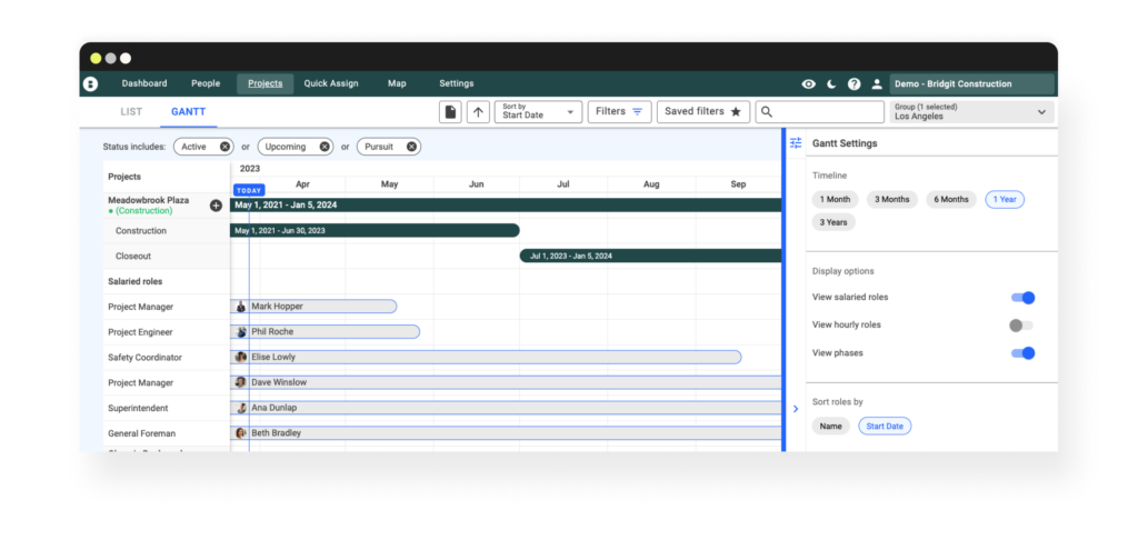Project gantt view in Bridgit Bench 