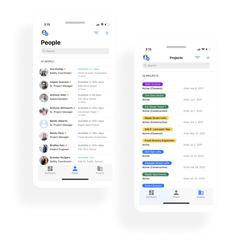 Bridgit Bench mobile application, People and Project view